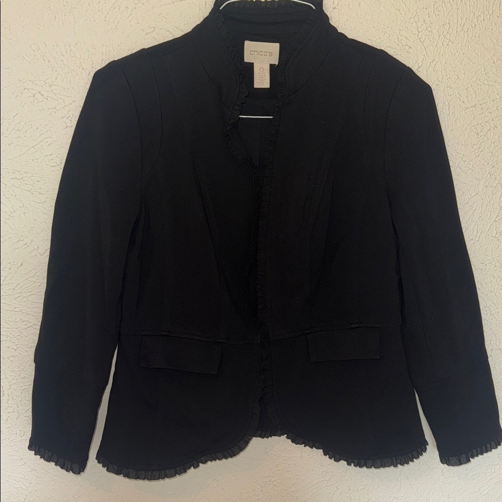 Chico's Classic Black Jacket with Ruffle Trim
